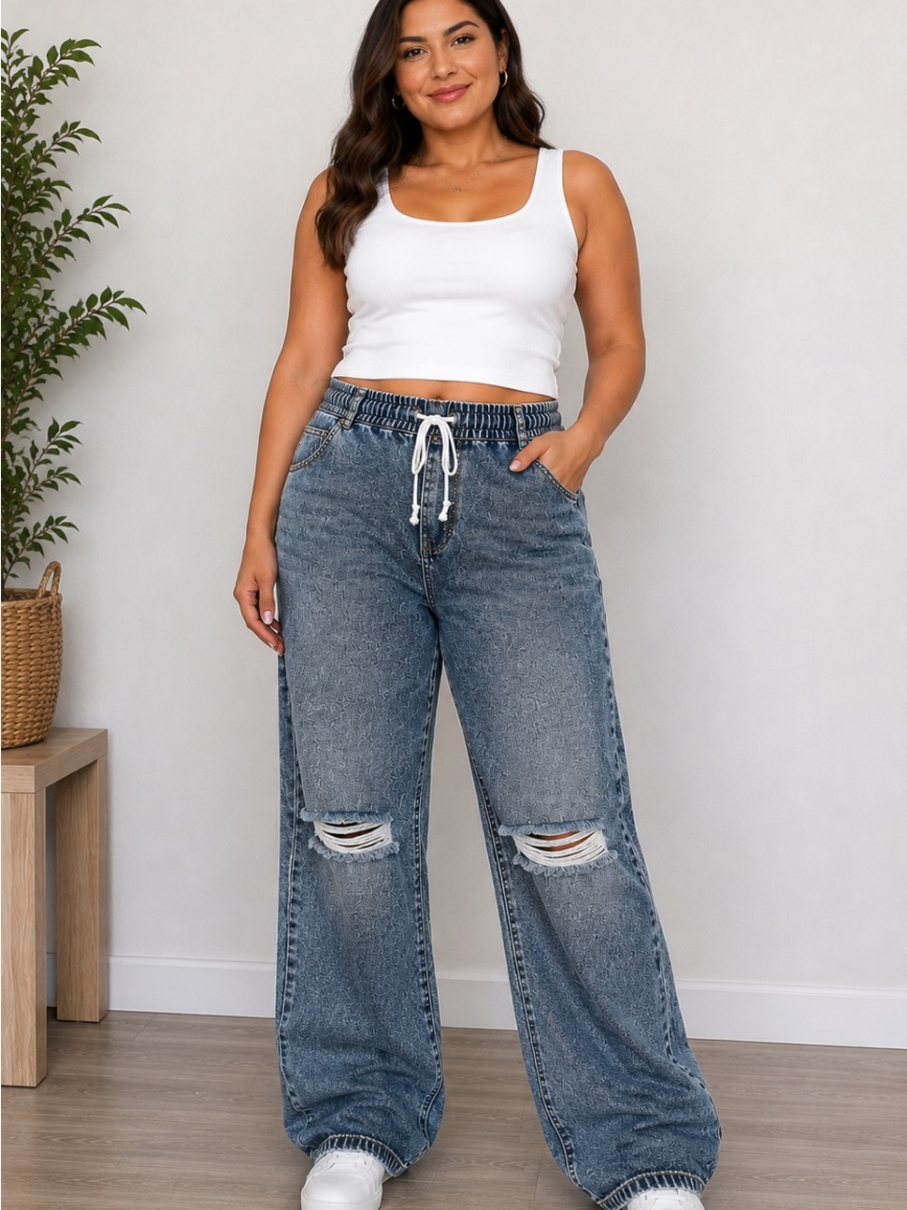 Amazon Blue Distressed Elastic Waist Jeans pull on jeans